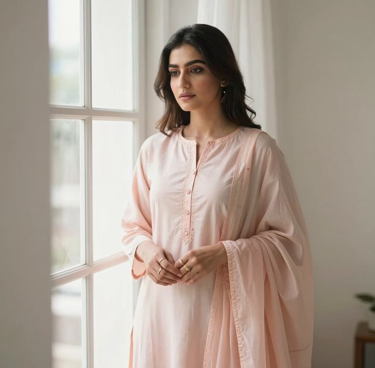 A young Pakistani woman wearing a flowing pastel blush lawn kurta, standing in soft morning window light, delicate gold rings on her fingers, minimal modern aesthetic, 35mm photography