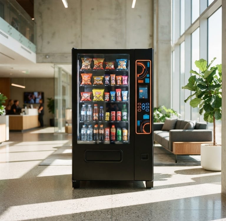 Bright modern photography, eye-level shot of a sleek black vending machine in a sunlit corporate lobby, vibrant orange and blue details on the interface, 35mm