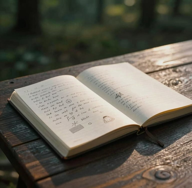Moody close-up of an open paper journal with handwritten notes and sketches on a dark wooden table, soft golden hour side light, cinematic shadows
