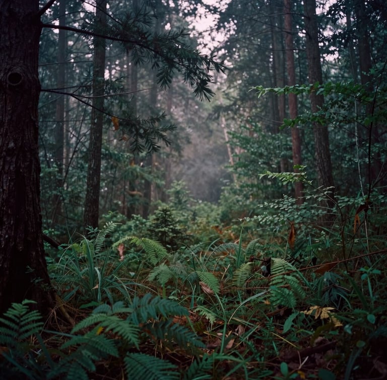 Moody cinematic film photography of a misty forest clearing at dusk, 35mm anamorphic lens, deep forest greens and earthy tones, generous negative space.