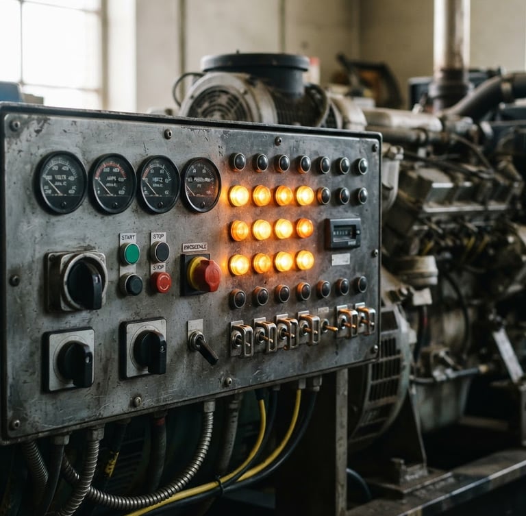 Close-up of a heavy-duty diesel generator control panel with bright amber indicator lights, industrial documentary photography style