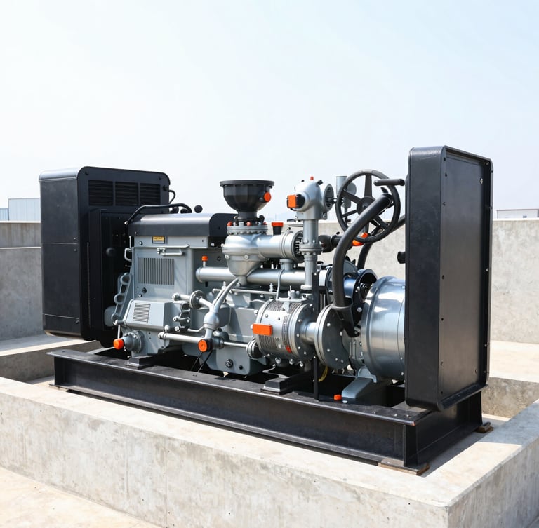 Clean wide shot of a heavy-duty industrial diesel generator unit installed in a concrete enclosure, bright natural daylight, crisp metallic details