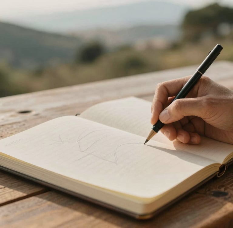 Hands sketching in a linen notebook on a wooden table, soft focus on natural textures, Corsican landscape in background, warm light
