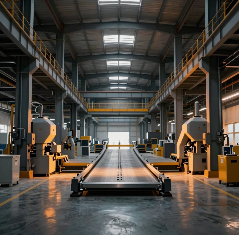 Symmetrical wide shot of a modern industrial warehouse interior with automated cargo sorting systems, cinematic side lighting, amber highlights on metallic structures