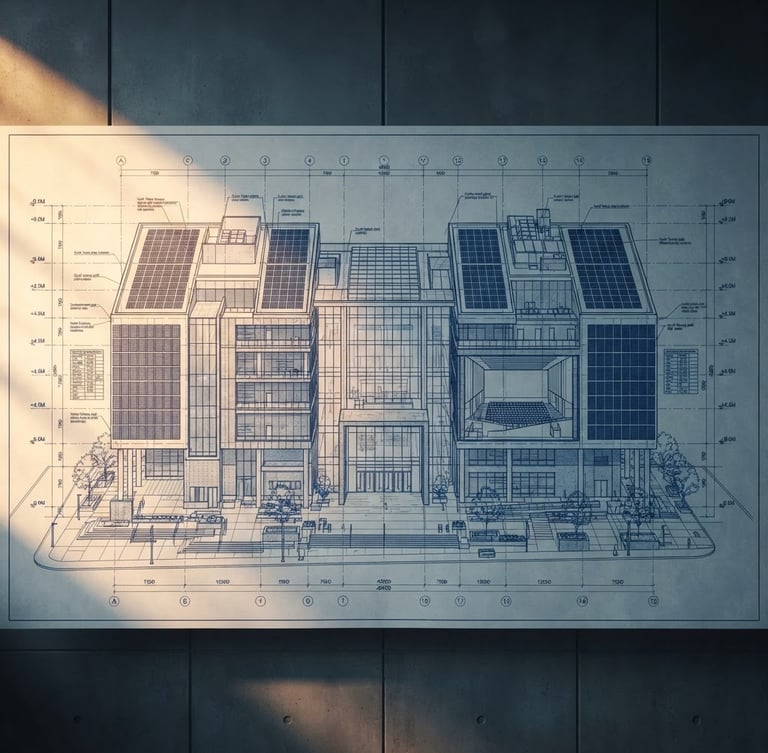 Symmetrical architectural blueprint elevation of a modern solar-integrated civic center, side-lit with high-contrast amber and slate tones, technical drafting lines visible