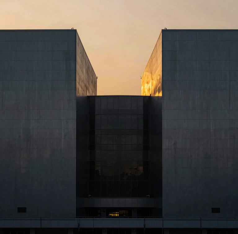 Symmetrical architectural photograph of a massive modern industrial facility in Telangana at sunset, dramatic side-lighting, amber sky reflecting on dark metallic panels