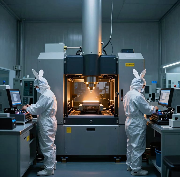 Symmetrical wide shot of an industrial cleanroom facility, technicians in white bunny suits operating semiconductor lithography equipment under cool blue side-lighting with dramatic amber accents