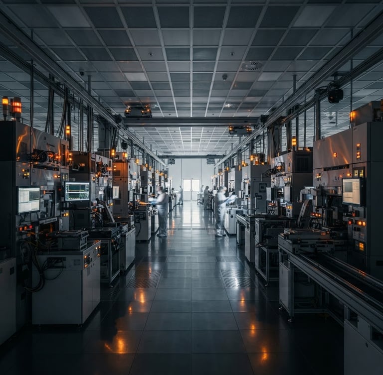 Symmetrical wide shot of a modern automated semiconductor fabrication cleanroom, cool slate tones with warm amber status lights, cinematic industrial photography