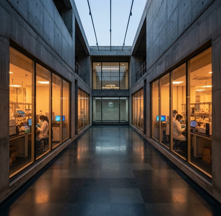 Symmetrical wide-angle shot of a minimalist concrete and slate university laboratory in Telangana, sharp architectural perspective, warm amber light glowing from cleanroom windows.