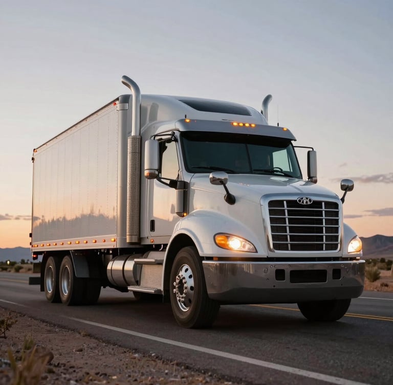 Low-angle heroic wide shot of a clean Class 8 truck with amber running lights glowing, driving on an open Arizona highway under high-contrast twilight sky