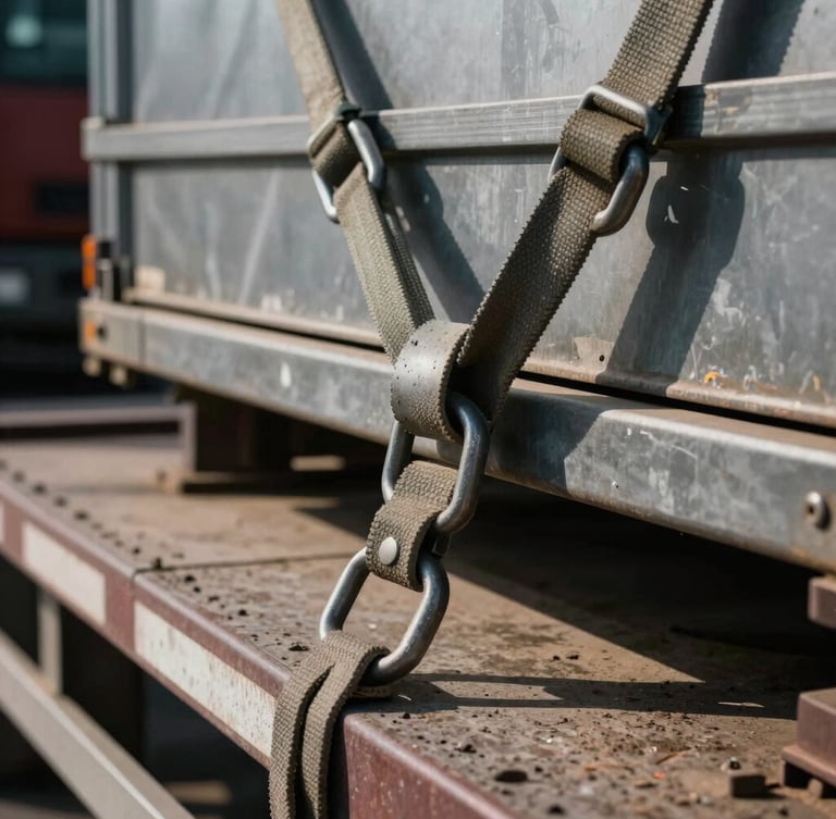 Extreme close-up of heavy-duty cargo tie-downs and secured freight on a flatbed, hard high-contrast sunlight casting sharp industrial shadows.