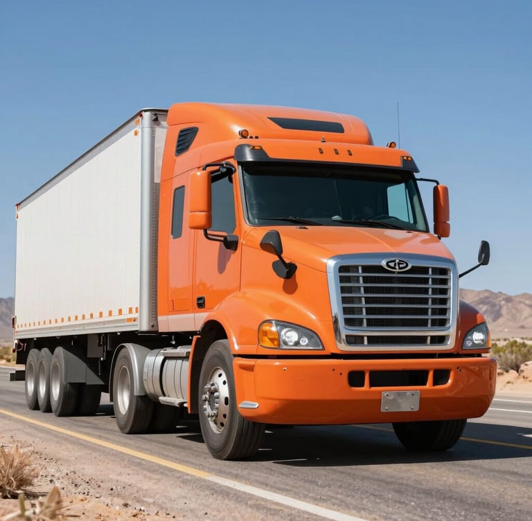 Low-angle heroic shot of a clean Class 8 truck in motion on an open Southwest highway, bright safety-orange detailing, high-contrast desert sunlight.