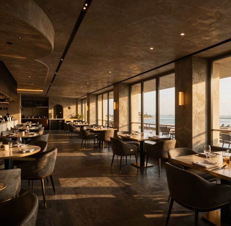 A premium modern Dubai restaurant interior, captured in a wide-angle 360 virtual tour preview, dramatic golden hour architectural lighting, deep shadows