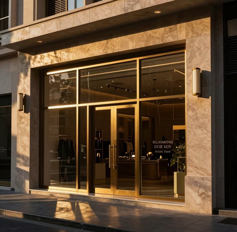 Wide-angle premium architectural photograph of a luxury Dubai storefront at golden hour, dramatic high-contrast lighting, sharp details