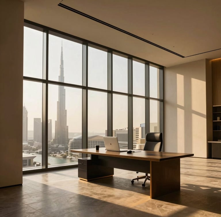 Interior architectural photography of a premium modern workspace in Dubai, warm sunlight streaming through floor-to-ceiling windows, deep shadows, 35mm