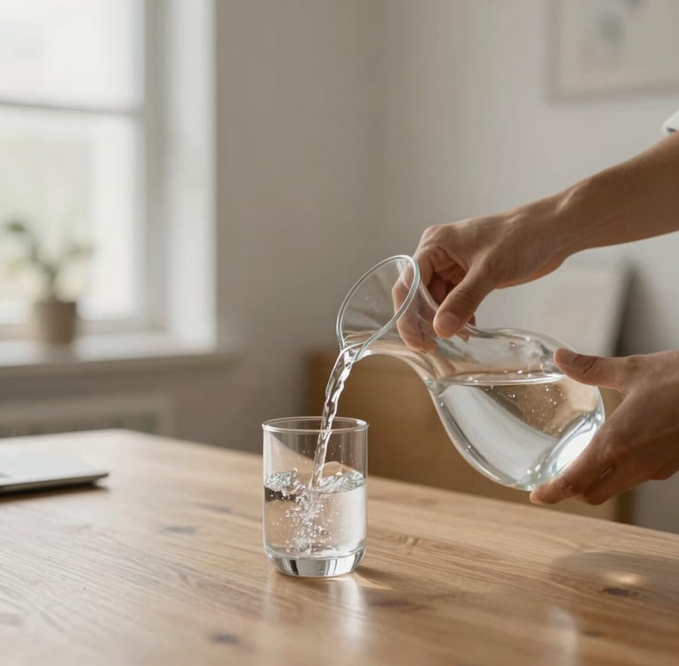 Close-up of hands pouring crystal-clear water from an elegant carafe in a light-filled modern office, soft natural light, minimalist wooden desk, warm muted tones