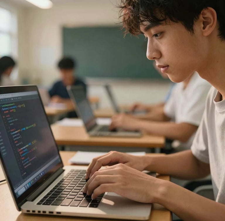 Close-up of a student typing code on a laptop, warm side-lighting illuminating her focused expression, professional classroom setting.