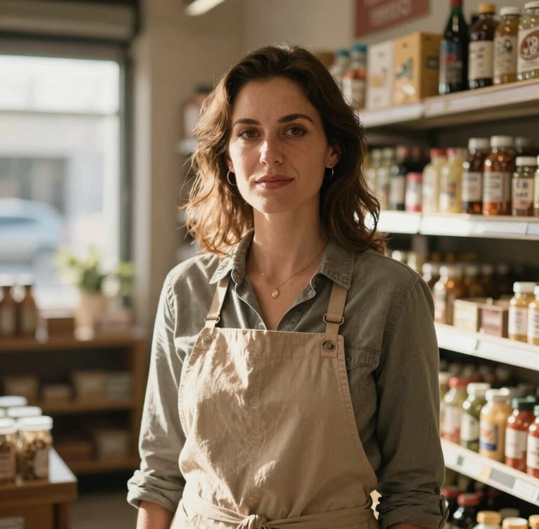 A proud local woman entrepreneur standing in her sunlit grocery store, looking confidently into the camera, warm natural side-light, medium portrait.