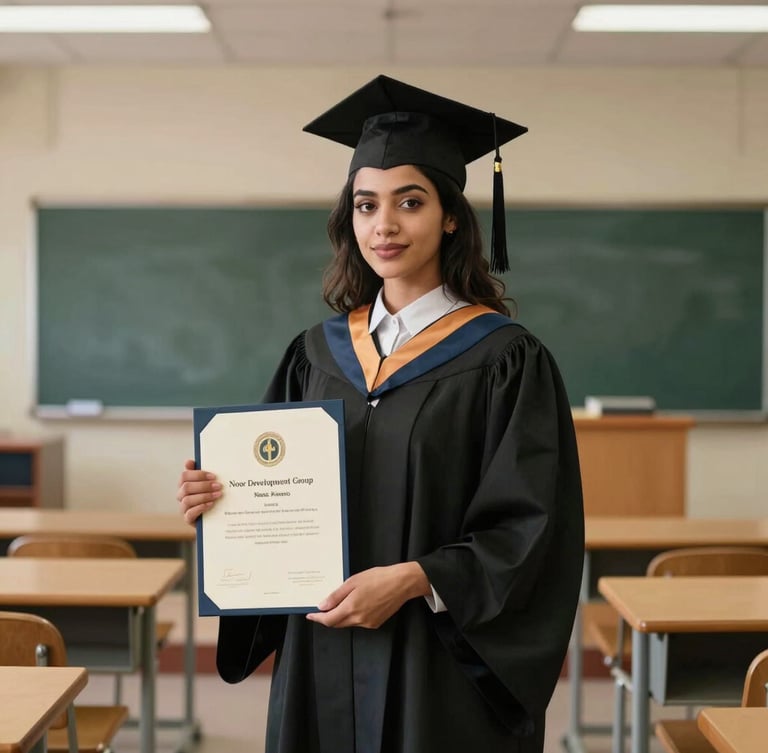 A proud female graduate of Noor Development Group standing in a modern classroom, holding her certificate, looking confidently at the camera, warm natural side-light