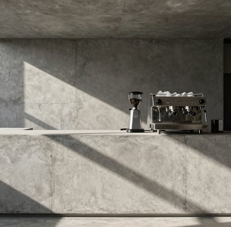 Vertical architectural shot of a raw concrete espresso bar, sharp natural light casting long diagonal shadows, minimalist steel espresso machine, 35mm
