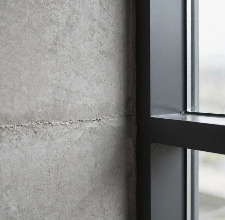 Close-up vertical shot of raw concrete texture meeting a matte black steel frame, sharp natural window light, minimalist architectural detail, 35mm