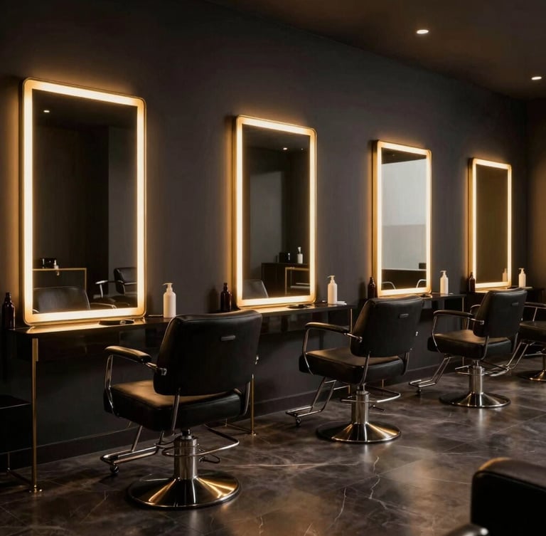 Wide cinematic environmental shot of an empty high-end luxury salon in Mumbai, featuring gold-accented mirrors, black leather styling chairs, and warm ambient lighting