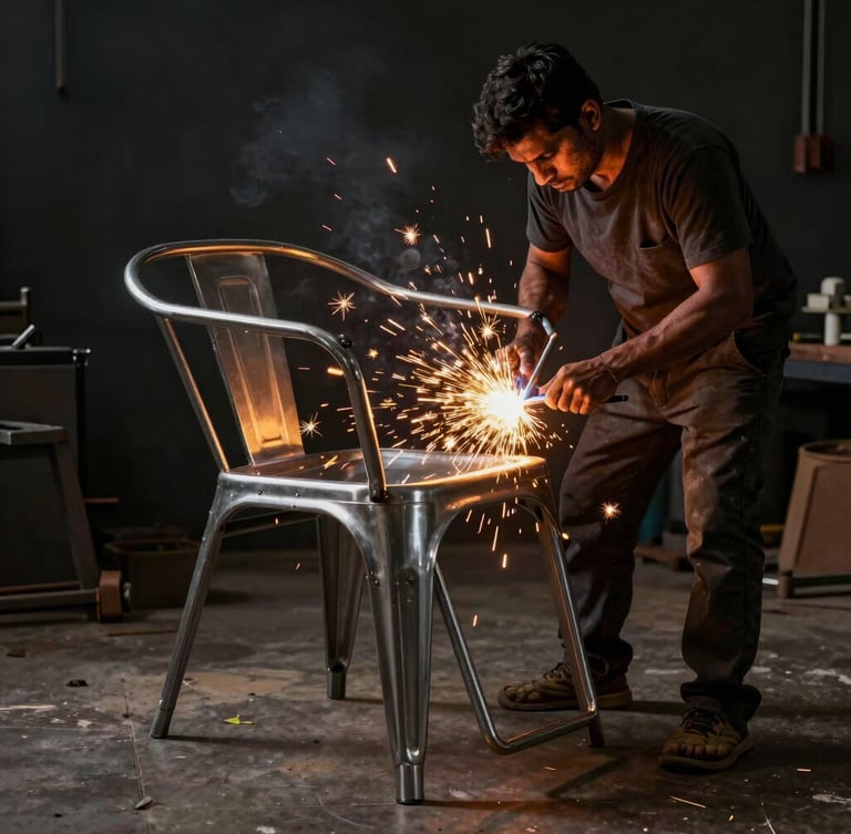 Wide shot of a skilled Indian craftsman welding a heavy-gauge steel salon chair frame, bright golden sparks flying against a dark industrial background
