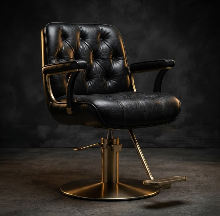 Dramatic low-key studio shot of a black leather styling chair with brushed gold hydraulic base, rich textures, dark charcoal background
