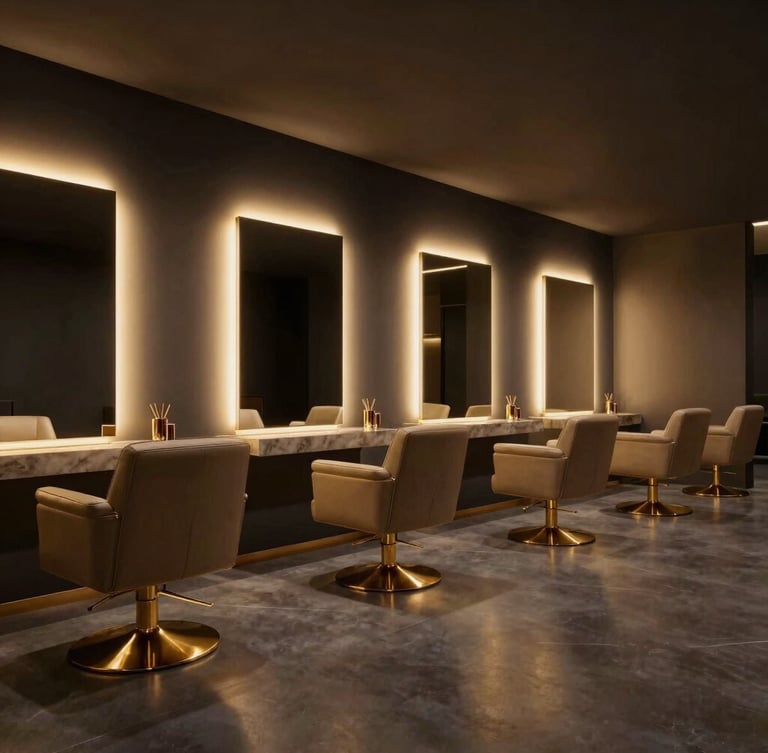 Wide-angle luxury salon interior, empty sleek leather chairs with gold bases, soft ambient golden lighting, clean modern design, cinematic 16:9 portrait crop.