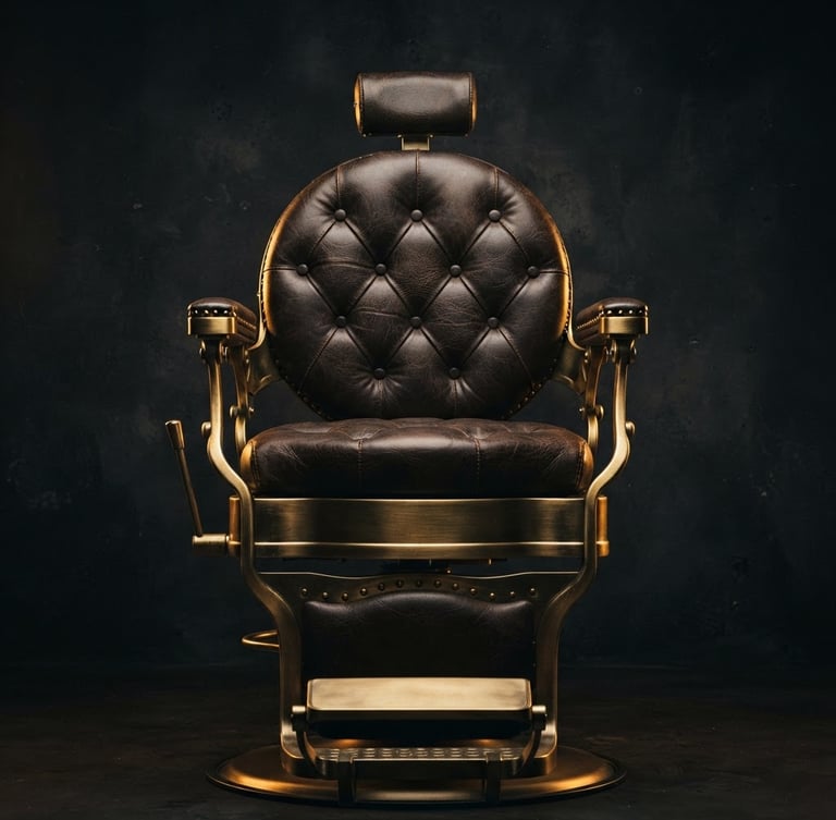 Dramatic low-key product photography of a premium hydraulic barber chair, dark charcoal background, warm golden-hour rim lighting on brushed gold accents, rich leather textures, 85mm macro lens