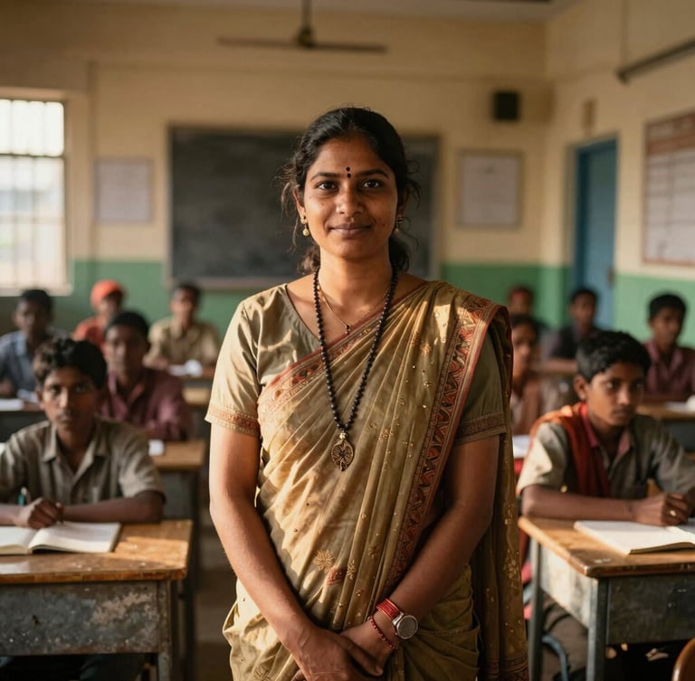 Warm editorial portrait of a female regional coordinator standing in a sunlit community classroom in India, natural golden-hour daylight, authentic human moment, 35mm