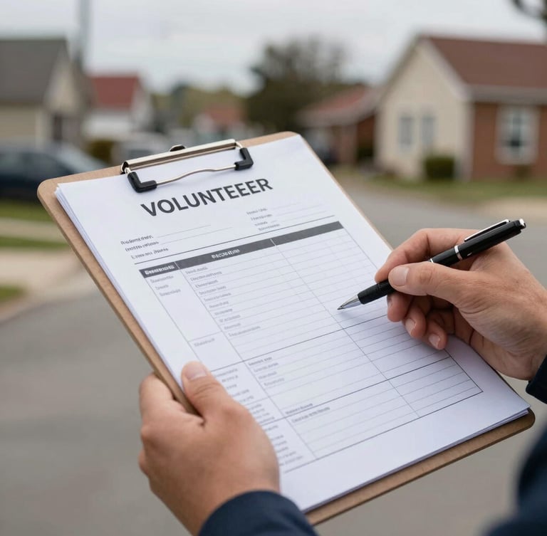 Close-up of a volunteer's hands holding a clipboard with a petition form, a pen resting on the paper, natural overcast daylight, 35mm lens.