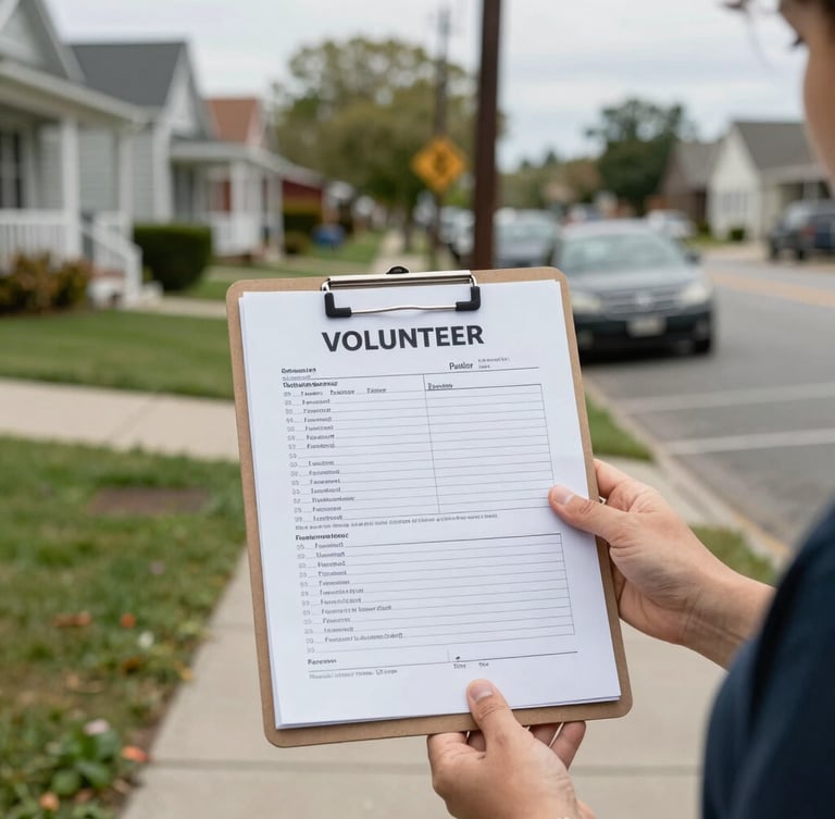 Bright daylight documentary editorial shot of a volunteer holding a clipboard with a petition form on a local neighborhood sidewalk, 35mm lens, clear focus.