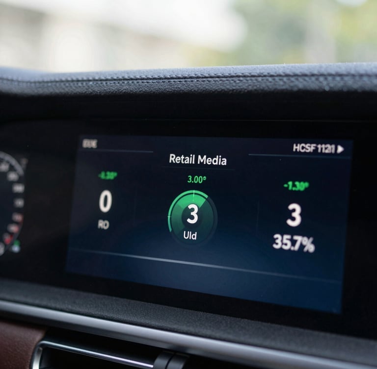 Macro close-up of a clean dashboard interface displaying real-time retail media metrics, cool natural daylight, sharp focus, 35mm lens.