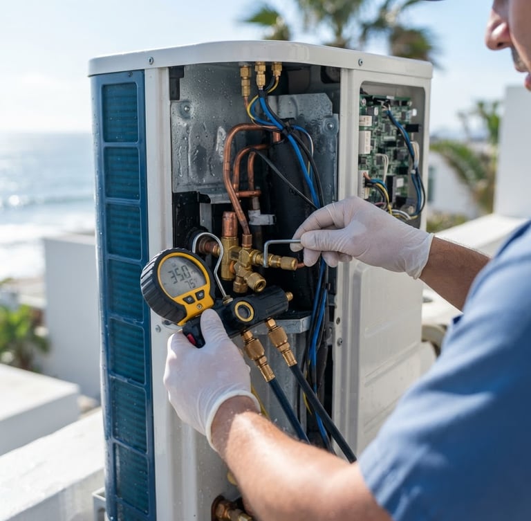 Macro shot of professional technical tools and clean hands calibrating an air conditioning unit, bright coastal daylight, sharp focus, 35mm lens