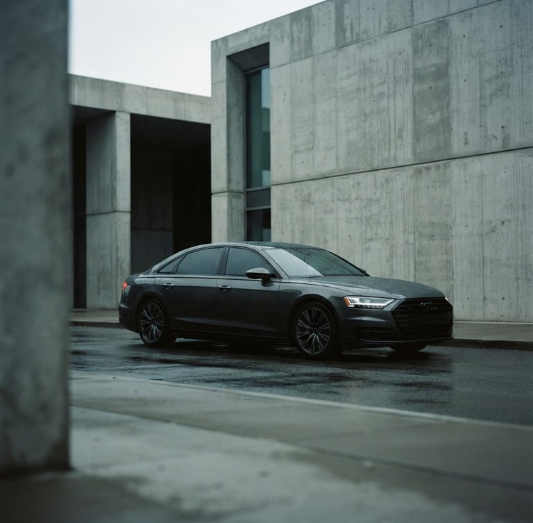 Sleek modern executive sedan parked beside a minimalist concrete terminal, cool overcast daylight, desaturated dark tones, cinematic lighting, shallow depth of field, 35mm