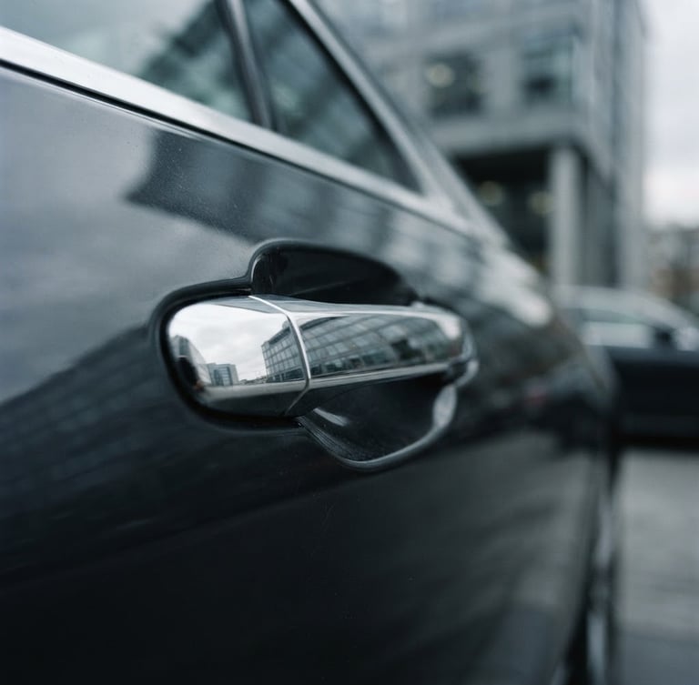 Close-up of a pristine executive sedan door handle, polished chrome reflecting cool overcast corporate architecture, shallow depth of field, 35mm
