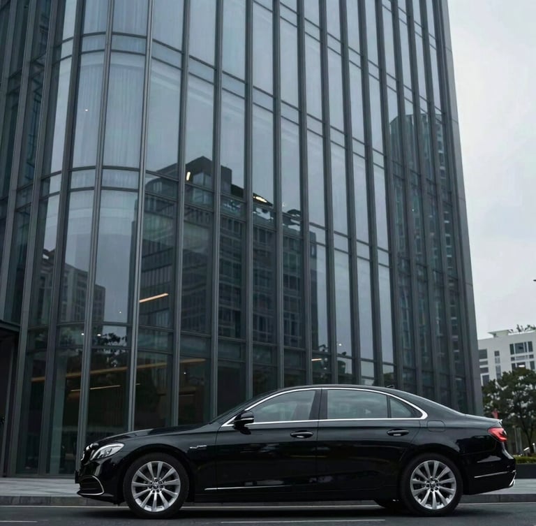 Sleek modern corporate glass skyscraper facade reflecting cool overcast sky, an executive black sedan parked cleanly in the foreground, architectural lines, 35mm