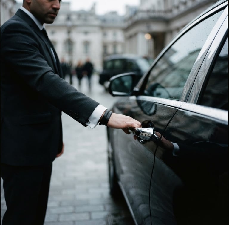 sleek editorial photography of a chauffeur's hand in a tailored dark suit adjusting the polished chrome door handle of a pristine black executive sedan, cool overcast daylight, desaturated dark tones, cinematic lighting, shallow depth of field, 35mm