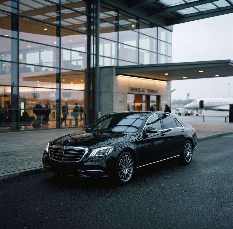 Wide-angle shot of a pristine black executive sedan parked outside a modern glass aviation terminal, cool overcast daylight, cinematic lighting, shallow depth of field, 35mm