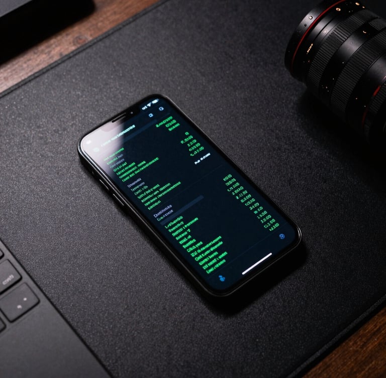 Top-down overhead shot of a physical Android device on a matte black developer desk, displaying a high-contrast terminal-style interface with green metrics, sharp directional light highlighting the glass edges.