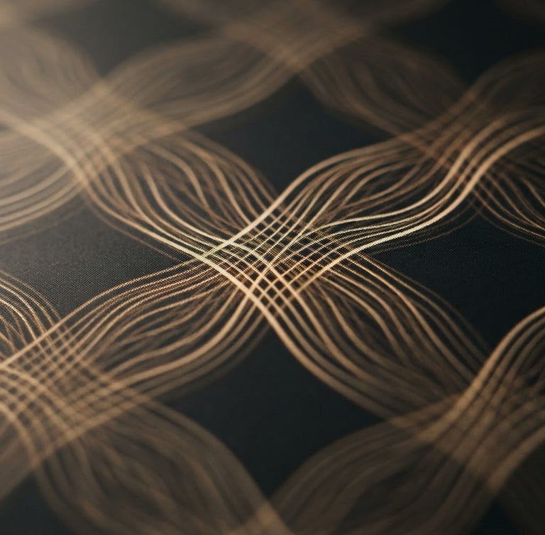 Macro photograph of a high-resolution screen showing intricate golden geometric wave patterns, soft dramatic side-lighting, warm champagne tones, shallow depth of field, 35mm