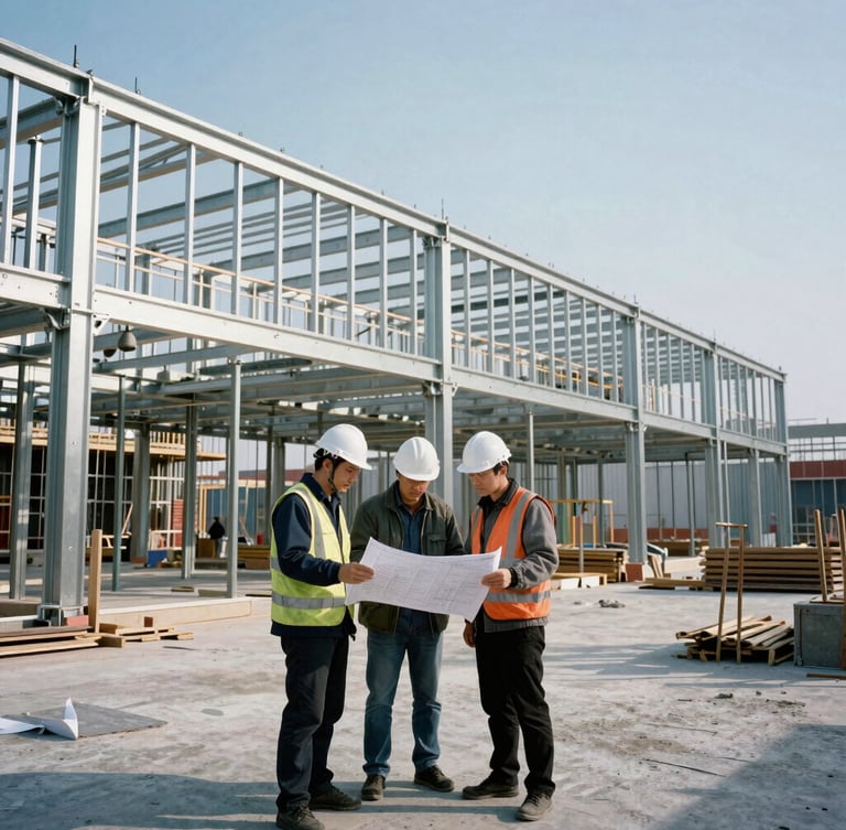 Low-angle architectural perspective of structural engineers reviewing blueprints on an active commercial job site, crisp morning daylight, cool steel tones, 35mm lens.