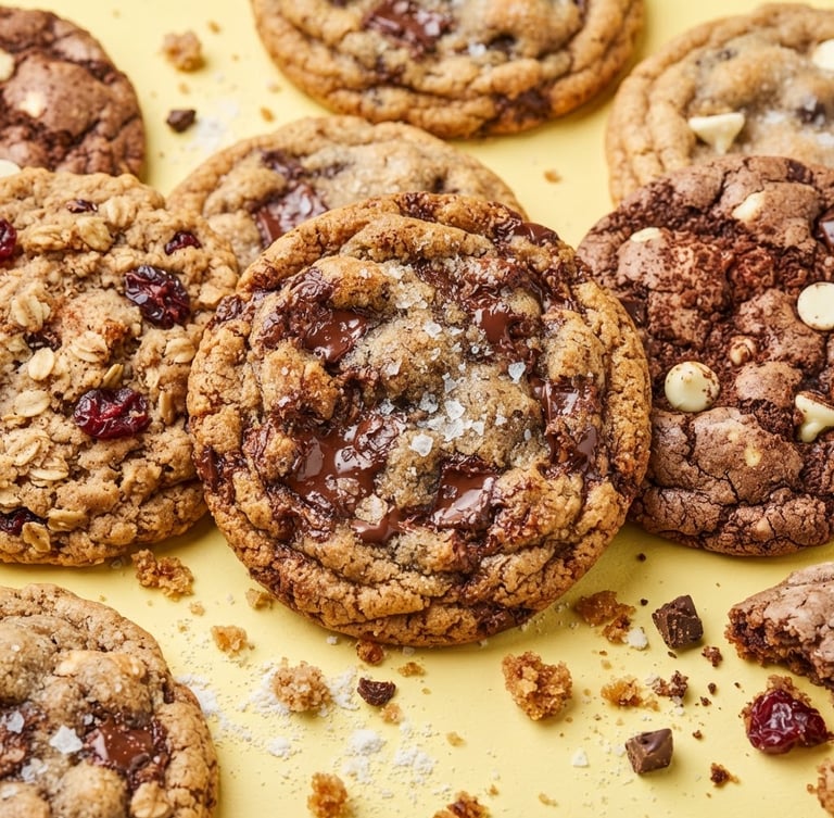 Close-up of modern cookies showing rich texture and crumbs on a vibrant soft yellow pastel backdrop, bright high-key studio lighting, sharp focus