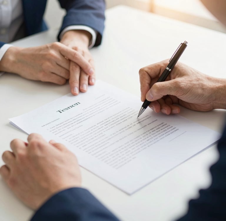 Close-up of hands signing a policy document with a pen, clean desk, warm natural daylight, focus on the document, professional and trustworthy.