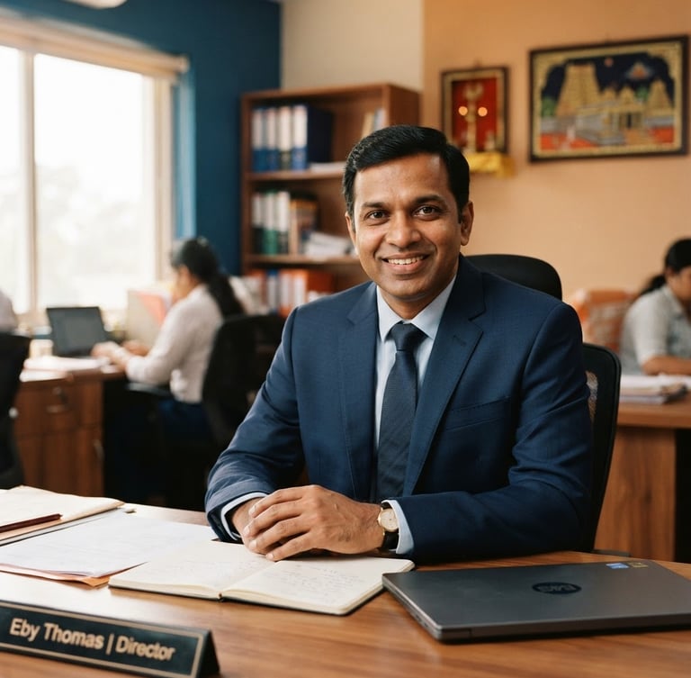 Professional portrait of Eby, a friendly South Indian man in a blue business suit, smiling confidently, in a warm, professional Thoothukudi office setting with subtle traditional elements, bright natural daylight, 35mm