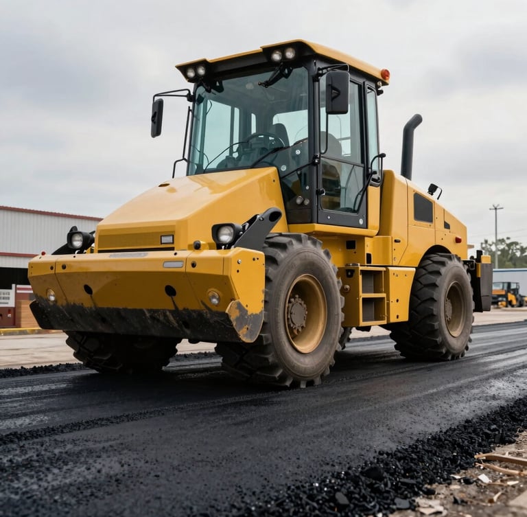 Low-angle heroic shot of a heavy yellow asphalt paver operating on a commercial job site, fresh dark asphalt texture, overcast morning light.