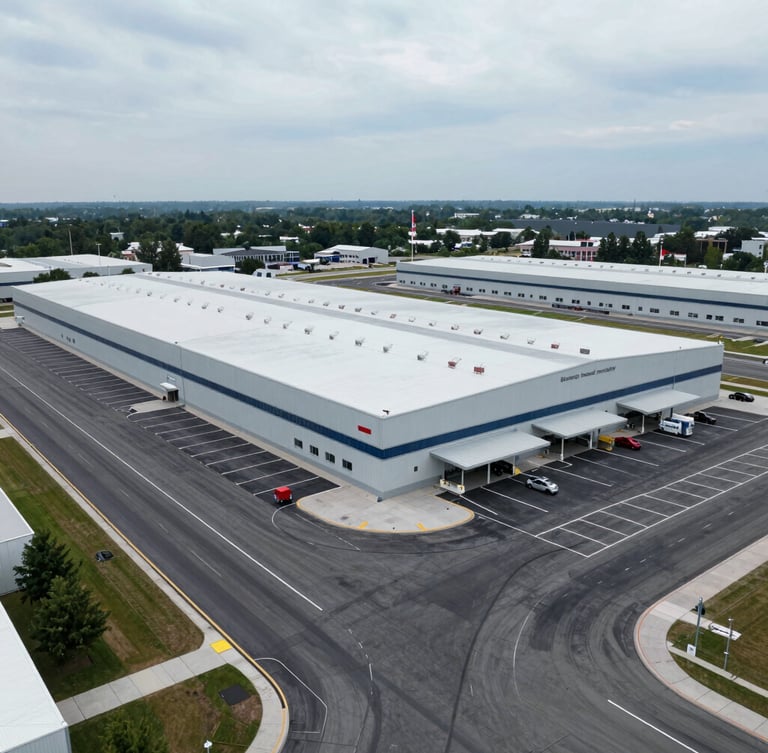 Wide-angle drone shot of a massive completed retail plaza logistics terminal in the Greater Toronto Area, freshly paved dark asphalt and sharp white line markings, overcast daylight.