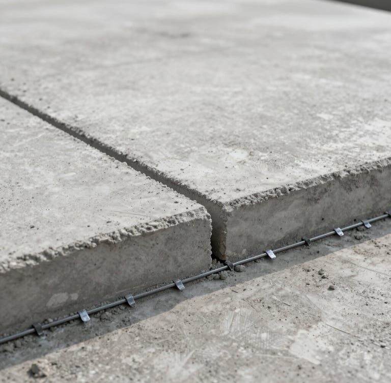 Close-up of freshly finished commercial concrete slab with clean expansion joints, steel doweled reinforcement visible at the edge