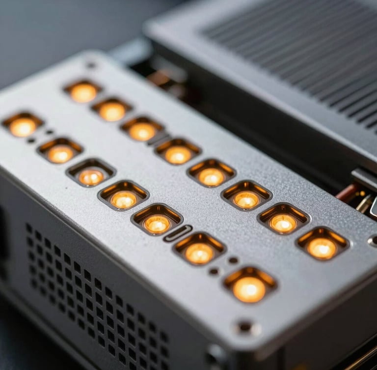 Extreme close-up of high-performance server hardware with glowing amber status LEDs, cool silver metallic textures, shallow depth of field.